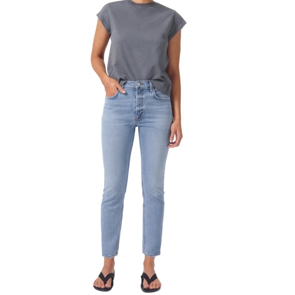 AGOLDE Willow Mid Rise Slim Crop Medium Blue Denim Jean Distressed Hem Size 26